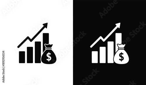 Financial growth concept with money bag and increasing graph icons in black and white