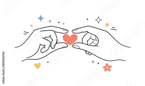 Tender Heart Connection. Romantic line art illustration. Hands holding a small heart between them, delicate lines and abstract decorative elements emphasizing