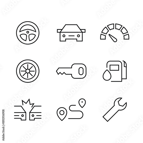 Car Icon Automotive line and flat icons set pack, editable stroke isolated on white, linear vector outline illustration, symbol logo design style 