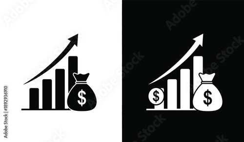 Financial growth icons with money bag and increasing bar chart graphs and black backgrounds
