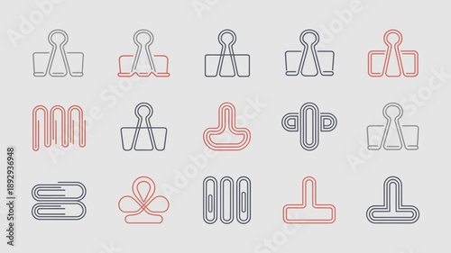 A collection of colorful paperclips and binder clips are displayed on a plain light gray background offering a linear arrangement high quality professional detailed modern elegant