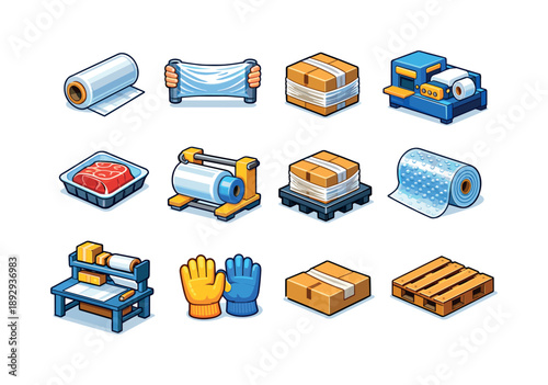 Colorful Packaging Icons. Plastic film packaging. Colorful isometric vector icons set of Plastic film packaging: transparent film roll, stretch wrap layer,