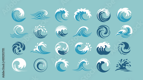 A collection of stylized wave graphics in varying shades of blue and white are displayed against a light teal background high quality professional detailed modern elegant