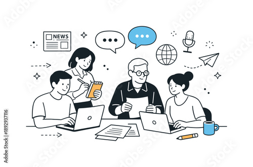 Collaborative Newsroom Scene. Newsroom activity. Journalists collaborating around computers and papers, subtle abstract icons of news, speech bubbles, and