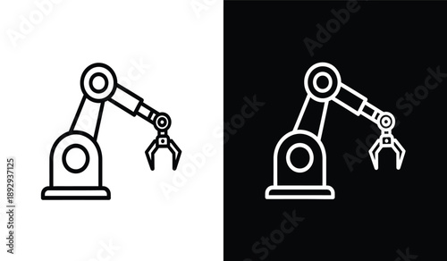 Black and white line icons of robotic arms with claws and black backgrounds for industrial and technology concepts