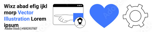 Free Download Hand pointing in browser window, user avatar, blue heart icon, and gear. Ideal for technology, user interface, connection, teamwork, creativity development simple landing page - GFXLoad