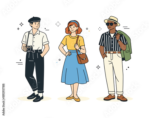 Retro Chic Ensemble. Retro-inspired daily wear. People confidently dressed in vintage garments, simple accessories and classic silhouettes conveying timeless