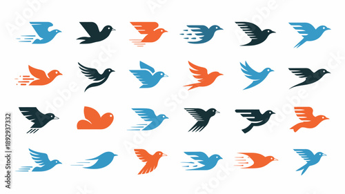 A collection of stylized bird silhouettes in varying shades of blue and orange are depicted in flight creating a dynamic visual pattern high quality professional detailed