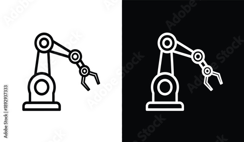 Robotic arm icons in black and white with wrench tool attached to end effector