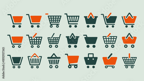 A collection of simple flat design shopping cart and bag icons in shades of orange and teal arranged in a grid pattern high quality professional detailed