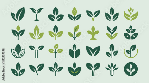 A collection of stylized green leaf designs arranged in a grid pattern against a pale green background high quality professional detailed modern elegant stylish clean crisp