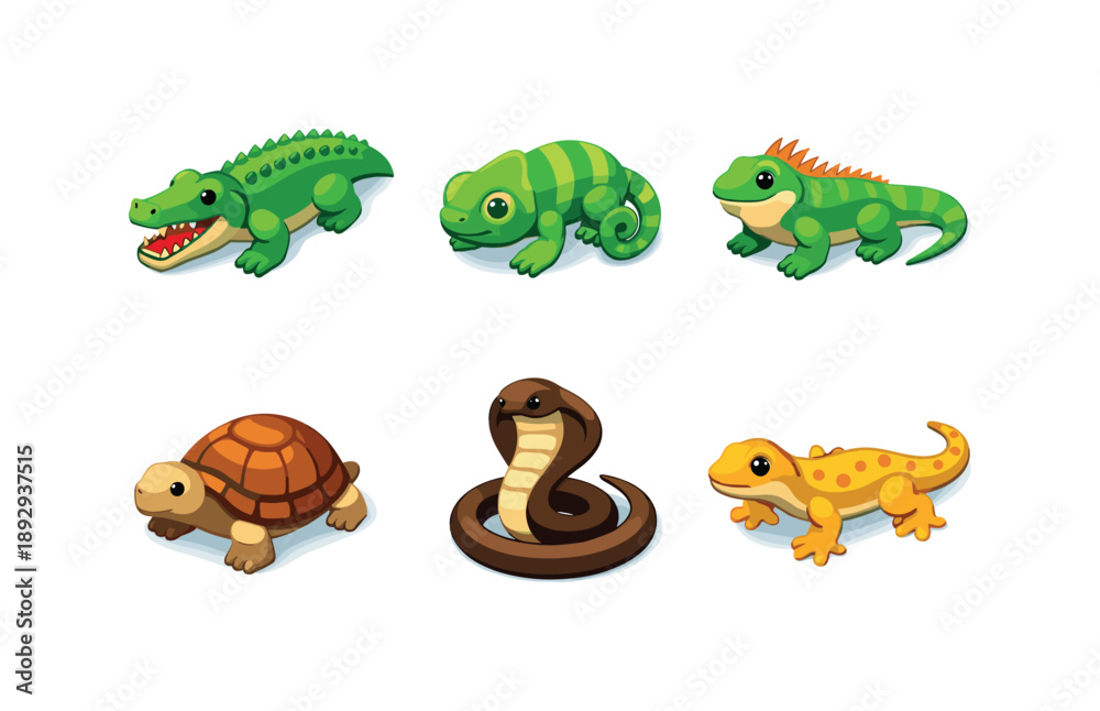 Naklejka premium Colorful Reptile Icons. Reptiles. Isometric flat vector icons set of reptiles: crocodile, chameleon, iguana, tortoise, cobra, gecko. Arrange all isometric