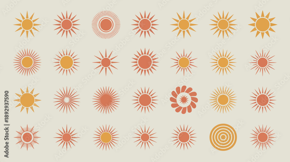 Obraz premium A collection of stylized sun illustrations in varying shades of orange and yellow are displayed against a pale neutral background high quality professional detailed modern elegant