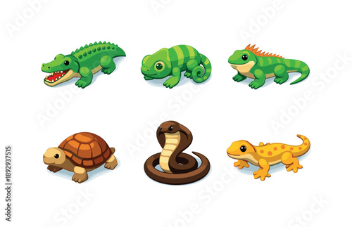 Colorful Reptile Icons. Reptiles. Isometric flat vector icons set of reptiles: crocodile, chameleon, iguana, tortoise, cobra, gecko. Arrange all isometric