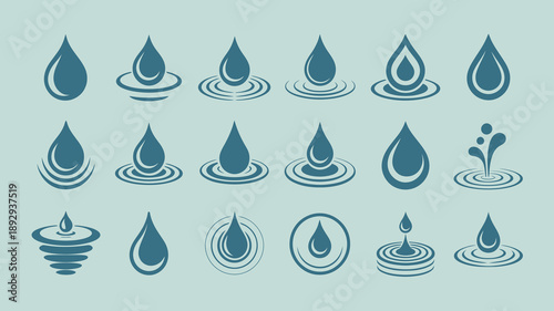A collection of stylized blue water droplets and ripple effects are arranged in a grid against a light blue background high quality professional detailed modern elegant