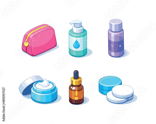 Colorful Beauty Icons. Beauty Routine. Isometric flat vector icons set of Beauty Routine: makeup bag, cleanser bottle, toner bottle, moisturizer jar, serum