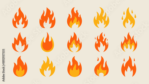 This image displays a collection of six stylized fire icons each with varying shapes and sizes against a pale beige background high quality professional detailed modern