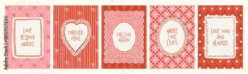 Whimsical Valentine’s Day greeting card collection with hand-drawn ink sketch love doodles and romantic love slogan.