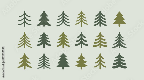 A minimalistic pattern displays six dark green stylized evergreen trees arranged in a three by two grid on a pale green background high quality professional detailed