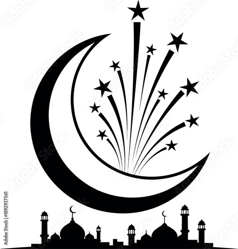 Elegant black crescent moon and exploding stars with mosque silhouette creating a festive Islamic celebration design vector illustration