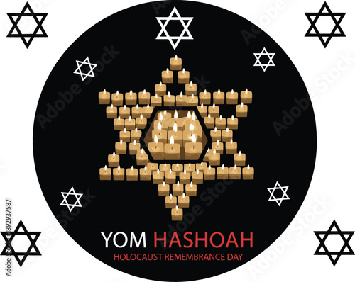Yom HaShoah Holocaust Remembrance Day Vector Illustration with Star of David Formed by Memorial Candles on Black Background