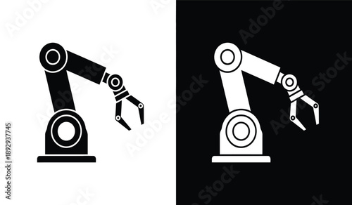 Black and white robotic arm icons with claws on isolated backgrounds for industrial and technology concepts