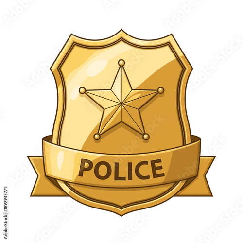 Golden Police Badge with Star Emblem and Ribbon Illustration