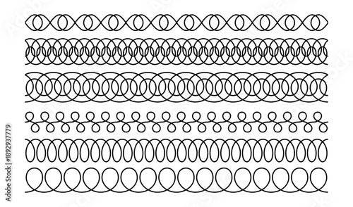 Spiral loop seamless line set. Decoration lace collection. Thin loop waves symbol. Flexible spring coil shapes. Neon loop line ornament pattern. Vector illustration isolated on white background.