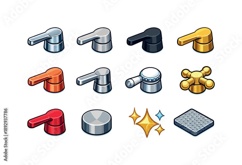 Colorful Faucet Icons. Faucet Finishes. Colorful isometric vector icons set of Faucet Finishes: chrome handle, brushed nickel handle, matte black handle, brass
