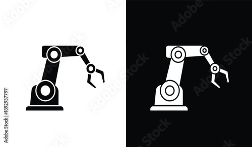 Two robotic arms in black and white on different backgrounds for industrial use