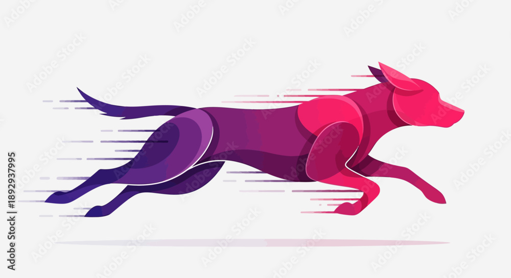 Obraz premium Dynamic illustration of a dog running with vibrant colors and abstract shapes, conveying speed and energy from a side viewpoint
