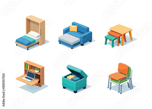 Compact Furniture Icons. Space-Saving Furniture. Isometric flat vector icons set of Space-Saving Furniture: foldable wall bed, compact sofa bed, nesting side