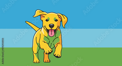 A cartoon dog stands on green grass against a blue sky with playful posture