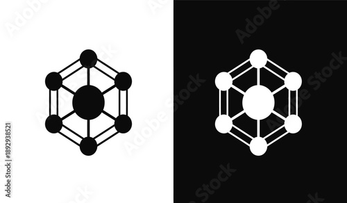 Molecular structure icons with atoms and bonds in black and white and black backgrounds
