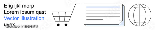 E-commerce, online shopping, global trade, communication, document exchange, internet connectivity. A shopping cart, documents and a globe icon . E-commerce and global trade concepts