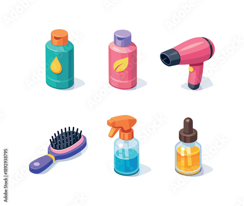 Hair Care Icons. Hair Care. Isometric flat vector icons set of Hair Care: shampoo bottle, conditioner bottle, hair dryer, hairbrush, spray bottle, hair oil