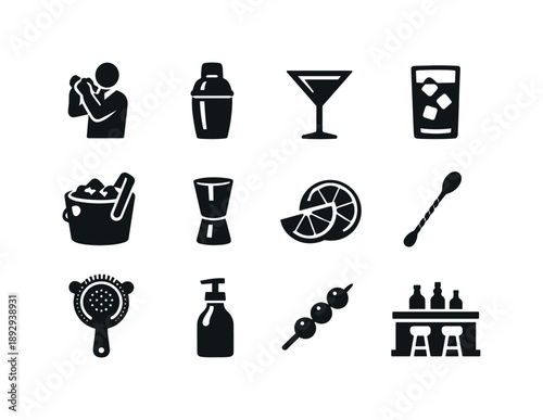 Cocktail Icon Set. Cocktail Making. Solid icon set of Cocktail Making: shaking bartender, cocktail shaker, martini glass, highball glass, ice bucket, jigger,