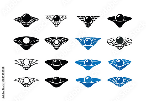 Gravitational Force Icons. Gravitational force. Icon set. Set Logo of Gravitational force: curved space-time grid around mass. harmonious logo variations of