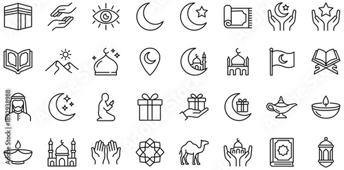 Islamic Culture Icons: A comprehensive collection of iconic symbols representing Islamic faith, heritage, and traditions, presented with clean lines and simple elegance. 