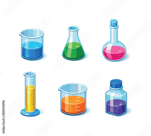 Colorful Chemistry Glassware. Chemistry Glassware. Isometric flat vector icons set of chemistry glassware: standard lab beaker, conical Erlenmeyer flask,