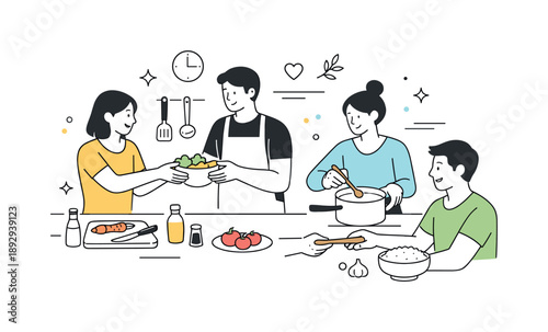 Collaborative Cooking. Preparing a meal together. People collaborating in the kitchen, passing bowls and utensils, calm rhythm of cooking. Sense of connection,