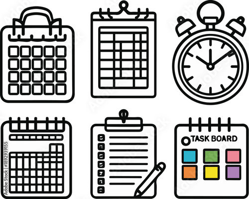 productivity objects, calendar, alarm clock, checklist clipboard, stopwatch, task board, bold black thick outline line art 2