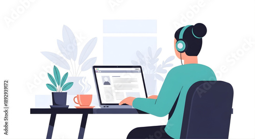 A woman works on her laptop while wearing headphones in a modern office setting