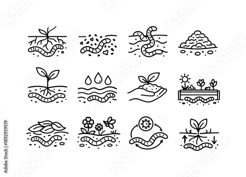 Garden Worm Ecosystem. Worms. Line icon set of worm?garden interactions: worm near roots, worm improving soil, worm aeration path, castings on soil, seedling