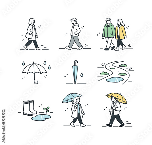 Spring Walk Icons. Early spring walk icons. A clean icon pack showing people walking, umbrellas, light coats and paths with puddles, capturing everyday outdoor