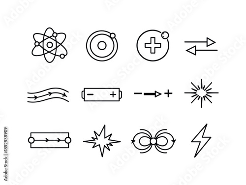 Electron Movement Icons. Electron Movement. Line icon set of Electron Movement: atom diagram, electron orbit, electric charge sign, flow direction arrow, wire