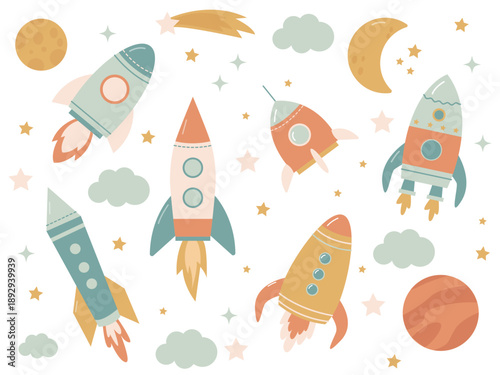 A set of cute space rockets, planets, and stars. Simple flat vector illustration for children.