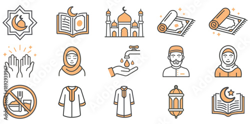 Sacred Symbols of Islam: A collection of meticulously drawn icons, each representing a key aspect of Islamic faith and practices, ranging from the revered Quran to mosque architecture.