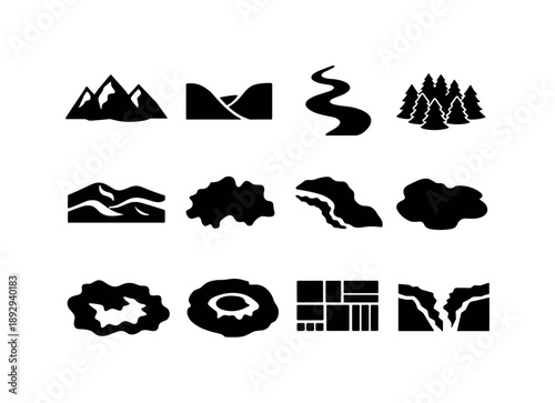 Top Down Landscapes Icons. Top Down Landscape. Solid icon set of Top Down Landscape: mountain peaks, valley shapes, winding river, forest area, desert dunes,