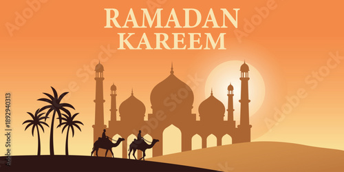 Ramadan Kareem: Silhouette of a mosque and camels against a desert backdrop, conveying the spirit of Ramadan.